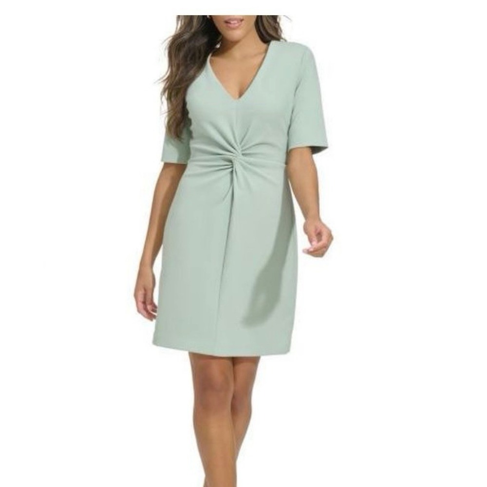Calvin Klein Sage Green Twist Front Stretch Crepe Sheath Dress Size 2